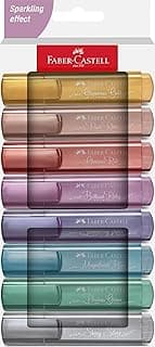 Faber-Castell 254678 Juego de 8 Subrayadores Metalizados, con Punta Biselada de Precisión, Subrayadores Glitter Metal en Colores Vibrantes, Diseño Plano Ergonómico
