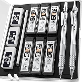 Nicpro 2 Piezas Portaminas Metal Profesional 0,5 y 0,7 mm con Estuche, Juego de lápices mecánicos, Recarga de Lápiz HB, Borradores, para Escritura Artística, Dibujo, Boceto-Plata