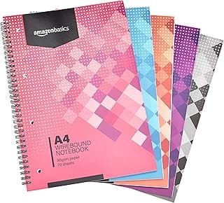Amazon Basics Cuaderno de anillas, 5 Unidad, 70 hojas /140 páginas, tamaño A4, 90 gsm, blanco