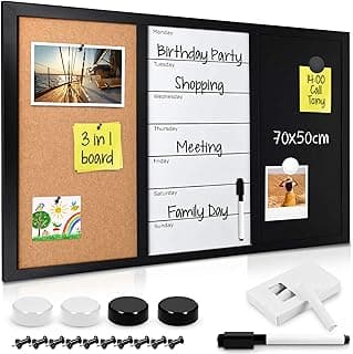 Navaris Tablero combinado de corcho pizarra y pizarra blanca magnética - Tablero de pared con marco 70x50 cm - Con tizas imanes chinchetas y rotulador