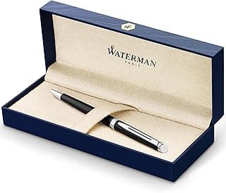 Waterman Hémisphère bolígrafo, color negro brillante con adorno cromado, punta media con cartucho de tinta azul, estuche de regalo