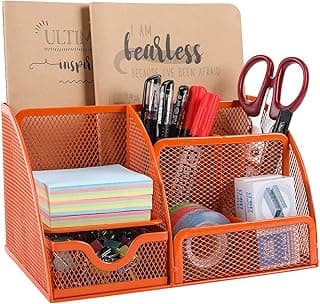 EasyPAG 7 Compartimentos Metal Malla Organizador Escritorio Portalápices Soporte Lapiceros Almacenamiento Oficina,Naranja