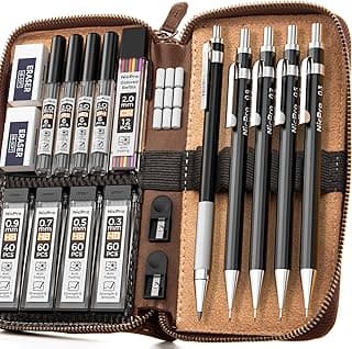 Nicpro 5 piezas Lápices Mecánicos en Estuche Cuero, Portaminas 0.3, 0.5, 0.7, 0.9, 2mm con Recambios(Colores), Gomas, para Dibujo, Escritura, Boceto