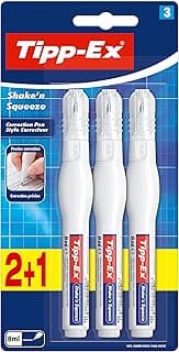 BIC Tipp-Ex Shake'n Squeeze Corrector Líquido, Fórmula de Secado Rápido, Lápiz Corrector, Ideal para Profesionales, Blíster de 3, 8 ml, multicolor
