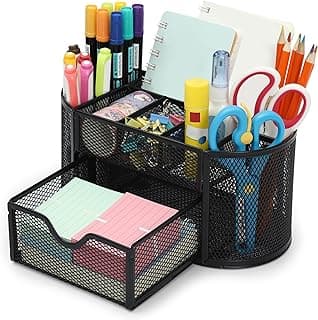 Chumix Organizador Escritorio, Organizador de Oficina de Malla de Metal, Desk Organizer con Cajón y Porta Lápices, Multifuncional Portalapices Escritorio, para Oficina, Casa, Escuela (Negro)