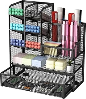 Comzantor Organizador de Escritorio de Malla Metálica, Desk Organizer con Cajón, Multifuncional Material Escritorio, Organizadores Mesa Escritorio Ahorro de Espacio, para Oficina, Casa, Escuela(Negro)