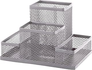 D.RECT Organizador de escritorio, soporte para bolígrafos, organizador de mesa de metal, estante de oficina con soporte para notas de malla, 103 x 154 x 103 mm, color plateado
