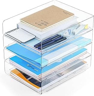 Winter Shore Bandejas Plastico Transparente para Papel (Pack de 4) - Organizador Escritorio Pet Apilable, Organización de Oficina, Cartas, Documentos, Fondo Convexo - 32 x 25,3 x 7,6 cm Cada Bandeja