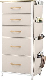 YITAHOME Cajonera de Tela con Bolsillos Laterales, Ganchos,Cómoda de Tela,Unidad de Almacenamiento,con 5 cajones Extraíbles,Cómoda de para Sala de Estar,Dormitorio, habitación Infantil,Beige