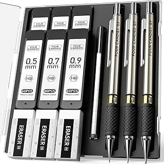 Four Candies Juego de 3 portaminas de metal, 3 lápices artísticos de 0,5 y 0,7 y 0,9 mm, 360 recambios de mina HB, 3 gomas de borrar y 9 recambios de borrador, para dibujar, escribir, dibujar y