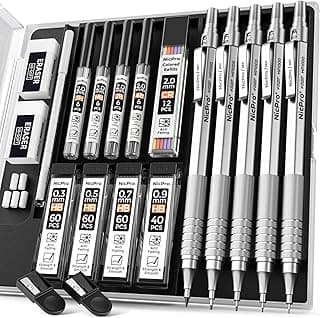 Nicpro 5 Piezas Portaminas Artísticos, Lápices de Dibujo Metal 0,3, 0,5, 0,7, 0,9, Portaminas de Grafito 2 mm con 9 Recambios de tubos (color 4B 2B HB 2H) para Escribir Bocetos