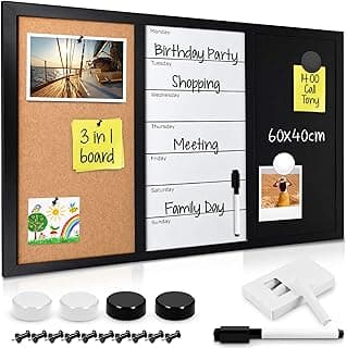 Navaris Tablero combinado de corcho pizarra y pizarra blanca magnética - Tablero de pared con marco 60x40 cm - Con tizas imanes chinchetas y rotulador