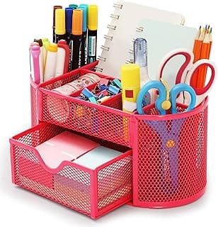 Chumix Organizador Escritorio, Organizador de Oficina de Malla de Metal, Desk Organizer con Cajón y Porta Lápices, Multifuncional Portalapices Escritorio, para Oficina, Casa, Escuela (Rosa)