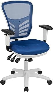 Flash Furniture Silla de Oficina ergonómica giratoria ejecutiva multifunción Brazos Ajustables, Espuma Metal Plástico Madera de ingeniería, Malla Azul/Marco Blanco, Conjunto De 1
