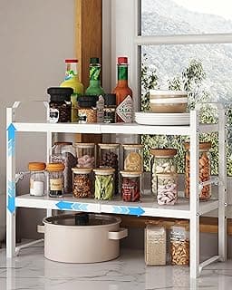 UMDONX 2 Piezas Estanteria Cocina Metalica,Extensible de 32,5-52 cm,Especieros Apilable de Pie,Estante de Almacenamiento para Armario de Cocina (Blanco)