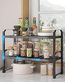 UMDONX 2 Piezas Estanteria Cocina Metalica,Extensible de 32,5-52 cm,Especieros Apilable de Pie,Estante de Almacenamiento para Armario de Cocina(Negro)