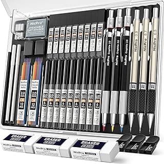 Nicpro 35 Piezas Portaminas Artísticas, Mechanical Pencil Retráctil 0,5, 0,7, 0,9 mm y 3 Piezas Portaminas 2 mm con 20 Recambios de Plomo tubo(Colores 6B 4B 2B HB 2H 4H) para Escribir con Estuche