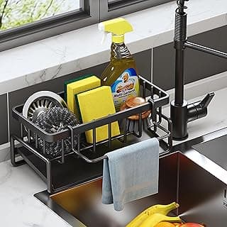 ViWaVee Organizador Cocina, Organizador Fregadero con Bandeja de Drenaje Autodrenante para Soporte de Esponja, Toallero, Soporte para Paños Cocina, Súper Accesorios para Baño-Negra.