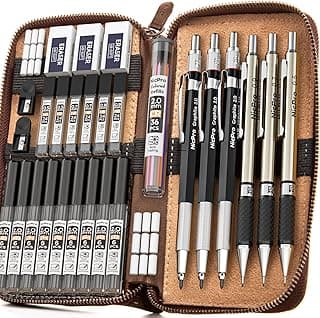 Nicpro 30 Piezas Lápices Mecánicos arte en Estuche Cuero, Portaminas de 0,5, 0,7, 0,9, 2.0 mm con Recarga de Lápiz 16 Tubos (6B 4B 2B HB 2H 4H)- Negro y Colores