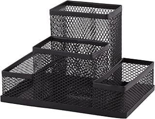 D.RECT ​​Organizador de Escritorio | Portalápices de Metal con Soporte de Malla para Notas | 103 x 154 x 103 mm | Multifuncional | Accesorio de Almacenamiento de Oficina | Negro