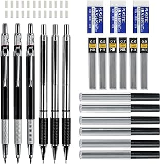 AUAUY Juego de Portaminas, 3 Piezas 0,5 mm y 0,7 mm y 0,9 mm y 3 Lápices de Arte de 2 mm con 12 Tubos de Recambio de Mina HB, 3 Borradores, 24 Recambios de Borrador, para Dibujo Escritura Bosquejo