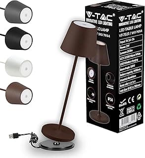 V-TAC Lámpara de Mesa Inalámbrica LED Regulable con Controles Táctiles - Lámpara Marrón para Interiores y Exteriores - Hogar o Restaurante - Batería 4400 mAh - Luz Blanca Cálida 3000K