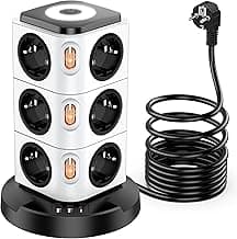 Regleta de Enchufes 15 en 1,con 12 Enchufes y 3 USB, Botones de Control y de Luz Nocturna Tactil, Proteccion contra Sobretensiones y Proteccion Cortocircuitos,Adecuadopara el Hogar y la Oficina