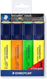 Staedtler Textsurfer Classic 364-S WP4P - Estuche promocional con 3 marcadores fluorescentes en colores surtidos + 1 marcador fluorescente amarillo, Multicolor