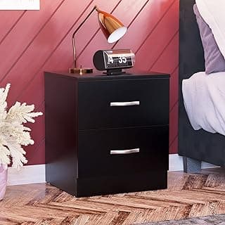 Vida Designs Home Discount Mesita de Noche, Negra, con 2 cajones, con Asas y pasadores metálicos