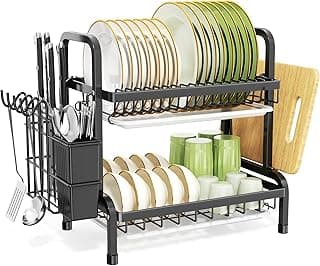 niffgaff Escurridores de Platos con Bandeja de Goteo, Estante Grande de 2 Niveles con Tabla de Drenaje y Cubiertos/Soporte para Tabla de Cortar sobre el Fregadero, Estante para Secadora de Platos