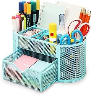 Chumix Organizador Escritorio, Organizador de Oficina de Malla de Metal, Desk Organizer con Cajón y Porta Lápices, Multifuncional Portalapices Escritorio, para Oficina, Casa, Escuela (Azul claro)