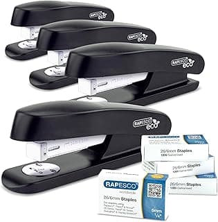 Rapesco 1756 Confección Business: 4 Grapadoras de Media Tira ECO y 4 Cajas de 1000 Grapas 26/6 mm, Capacidad para 20 Hojas, Negro
