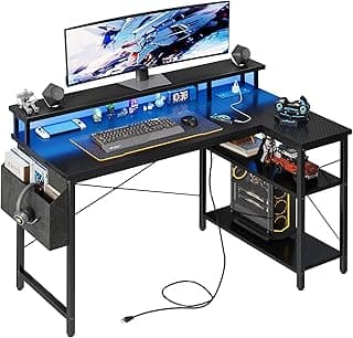 Grandder 120 cm Escritorio L con Luces LED y enchufes, Escritorio de Juego con 2 estantes, Mesa de Ordenador con Soporte para Monitor, Home Office, Negro carbón​