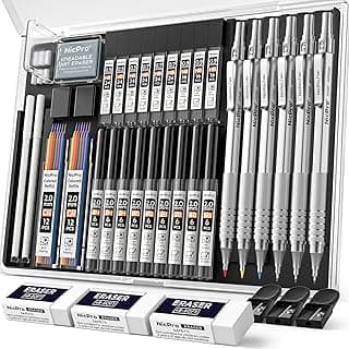 Nicpro 35 piezas Portaminas Metal en Estuche, Profesionales Lápiz Dibujo Artístico 0.5, 0.7, 0.9 y 2mm Lápices Mecánicos con 20 tubos Recargas (HB 2H 2B 4H 4B 6B 6B Colors) para Dibujar Bosquejo-Plata