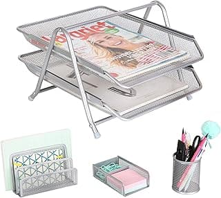 Exerz Bandejas Oficina 4 Piezas de Malla/Oficina Conjunto de 4 Piezas - Bandeja de Letras con 2 Plantas, Estante de Letras, Portalápices, Sostenedor de clipso & Notas (Plata)