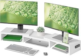 BONTEC Elevador Monitor de Madera para Doble Monitors, Soporte Monitor Escritorio con Smartphone Holder, Madera Soporte para Monitor Escritorio de Longitud Ajustable y Giratorio Ángulo (Blanco)