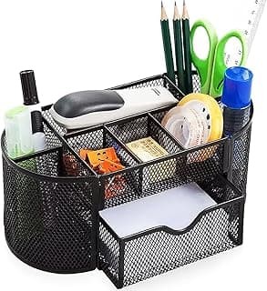 Organizador de escritorio de malla, suministros de oficina de escritorio, soporte multifuncional para bolígrafos, papelería con 8 compartimentos y 1 cajón para oficina, hogar, escuela, aula (negro)