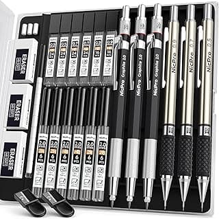 Nicpro 6 Piezas Metálica Portaminas, Profesionales Portaminas 0.5, 0.7, 0.9, 2mm (2B HB 2H) con Minas, Borrador, Sacapuntas para Redacción Escribiendo