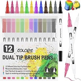 Rotuladores Doble Punta Pincel, 12 Colores Rotuladores Acuarelables Profesionales Secado Rápido Markers Fina Adecuado Adultos Niños Mandala Bala Diario Colorear Pintura Caligrafía