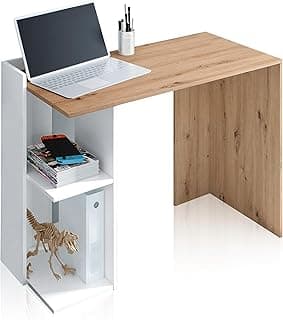 Mesa de Estudio Reversible con Estantes, Escritorio, Sistema de Almacenaje, Modelo Kenia, Acabado en Color Roble Nodi y Blanco Artik, Medidas: 100 cm (Largo) x 78 cm (Alto) x 52 cm (Fondo)