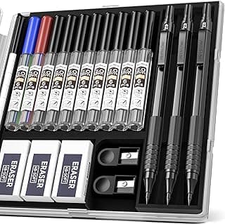 Nicpro 3 Piezas Metálica Portaminas 2mm, cone Recargas de color y negro (HB 2H 4H 2B 4B), Borrador, Sacapuntas para Proyectos de dibujo, Escritura, Manualidades, Dibujo de arte, Carpintero