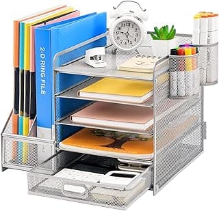 Marbrasse Organizador Escritorio,5 Niveles Bandeja para Cartas con Cajón y 2 Portalápices,Escritorio Organizador con Revistero para Oficina Hogar (Plata con Cajón)