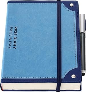 Mljtoyo Agenda 2025 un día por página, agenda diaria de enero a diciembre de 2025, agenda de tapa dura, agenda semanal y mensual con bolígrafo, soporte para bolígrafos, calcomanías (azul, 2025)