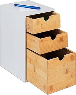 Relaxdays Cajonera, 3 Cajones, Bambú y MDF, 28 x 17 x 21,5 cm, Organizador para Oficina y Despacho, Natural/Blanco