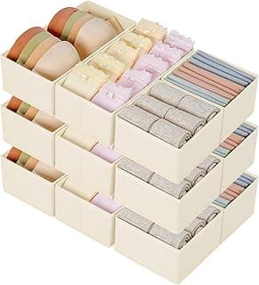 DIMJ Organizadores de Cajones 12 Cajas de Almacenaje Plegables de Tela Organizadores de Armarios Separadores de Cajones Cubos de Almacenaje para Sujetadores, Calcetines, Corbatas, Bufandas (Beige)