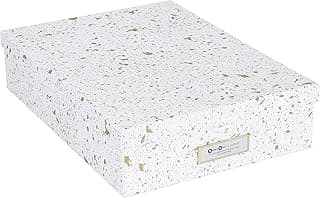 Bigso Box of Sweden Organizador de documentos para folios A4, folletos, etc. – Caja de almacenaje con tapa y etiqueta – Organizador de escritorio de tablero de fibras y papel – motas doradas