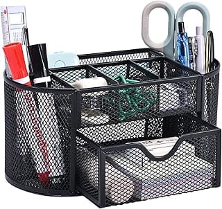 Organizador escritorio, organizador de oficina de malla de metal con cajón y porta lápices para bolígrafos, notas adhesivas, grapadoras, clips de carpeta, organizador de escritorio que ahorra espacio.