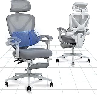 FLEXISPOT Silla de Oficina Ergonómica con Soporte Lumbar 3 por Zonas, Reclinable 135°, Reposapiés Retráctil, Cojín Transpirable, Altura Ajustable, Silla de Escritorio, Blanco Grisáceo