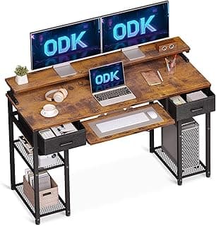 ODK Escritorio de Ordenador, Escritorio con 2 Cajones y Bandeja para Teclado, Escritorio de Oficina con Soporte para Monitor, Mesa de Escritorio con Estante Reversible para Oficina (Marrón)