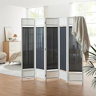 [en.casa] Biombo Dorotea con 5 Paneles Separador de Ambientes para Dormitorio Sala Oficina Divisor con Tela Opaca y Efecto Ratán Bambú 200 x 170 cm - Blanco/Gris Oscuro